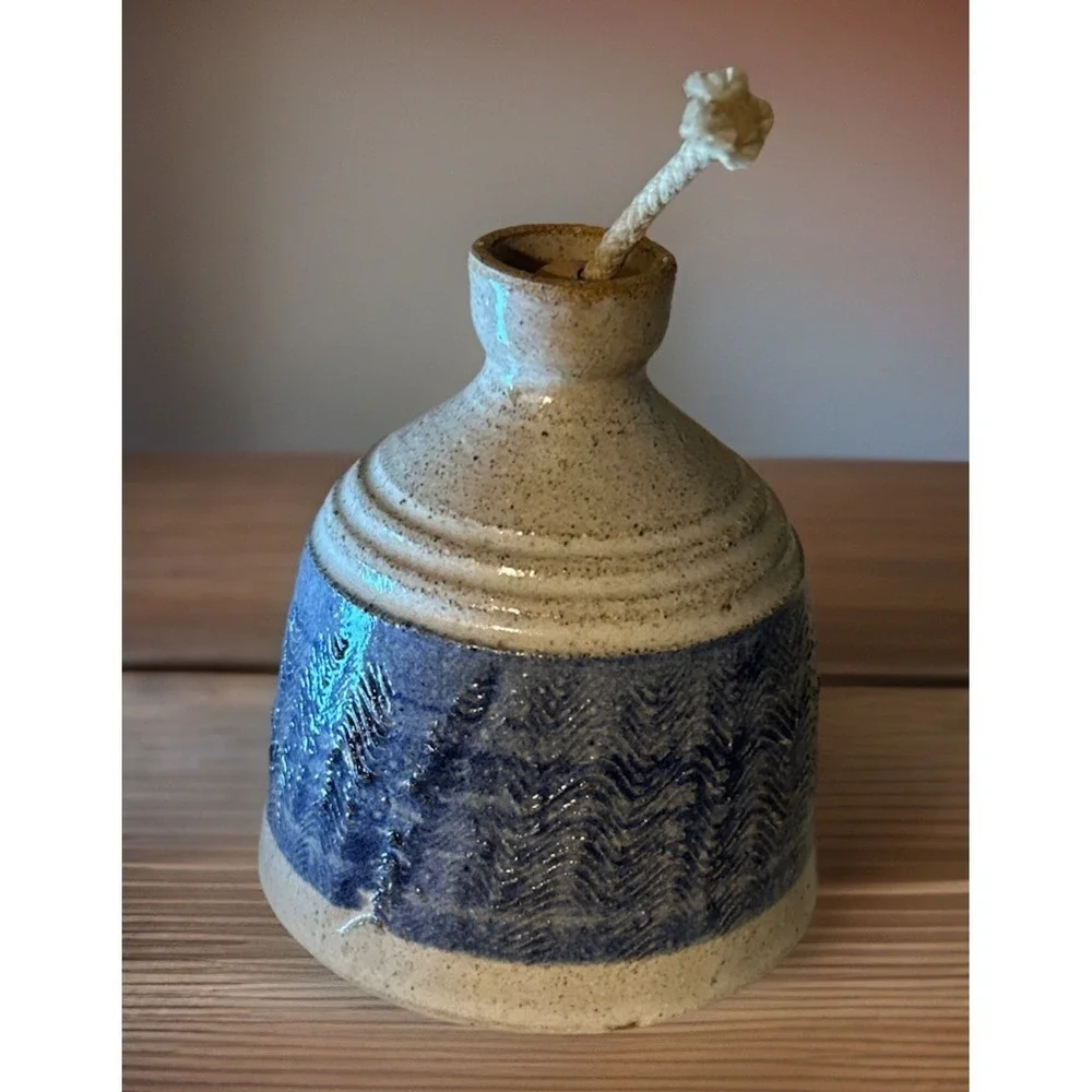 Handmade Stoneware Clay Pottery Glazed Oil Lamp 4.5 tall, Primitive Signed maker